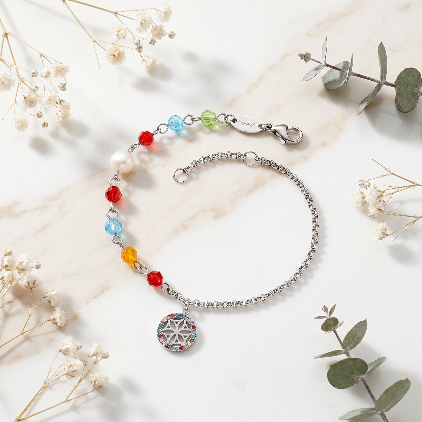 Duo 2 in 1: Armband Edelstahl BOHO Lebensblume mit Zirkonia Multicolor