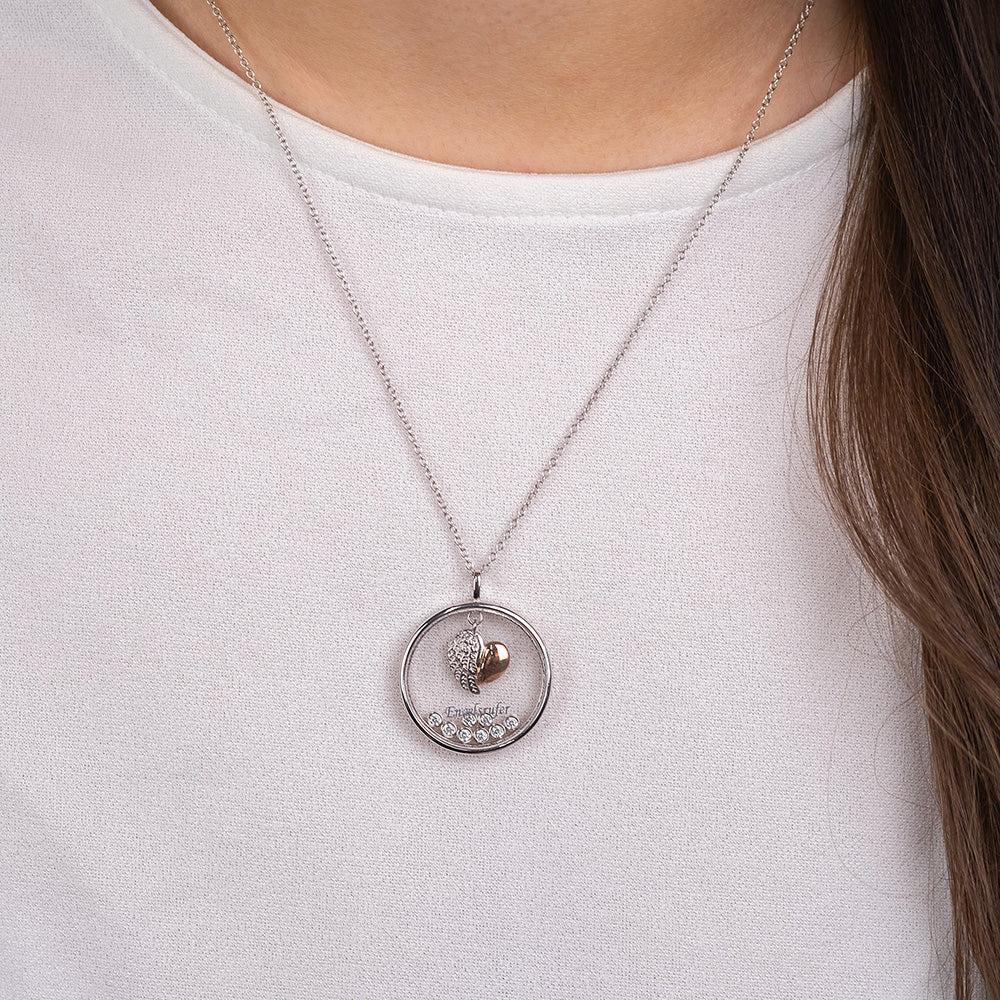 Halskette 925er Silber Glaslinse Herzflügel Bicolor mit Zirkonia