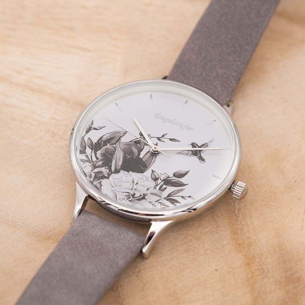 Uhr Edelstahl Blume Silber mit Nubuk Lederband Grau
