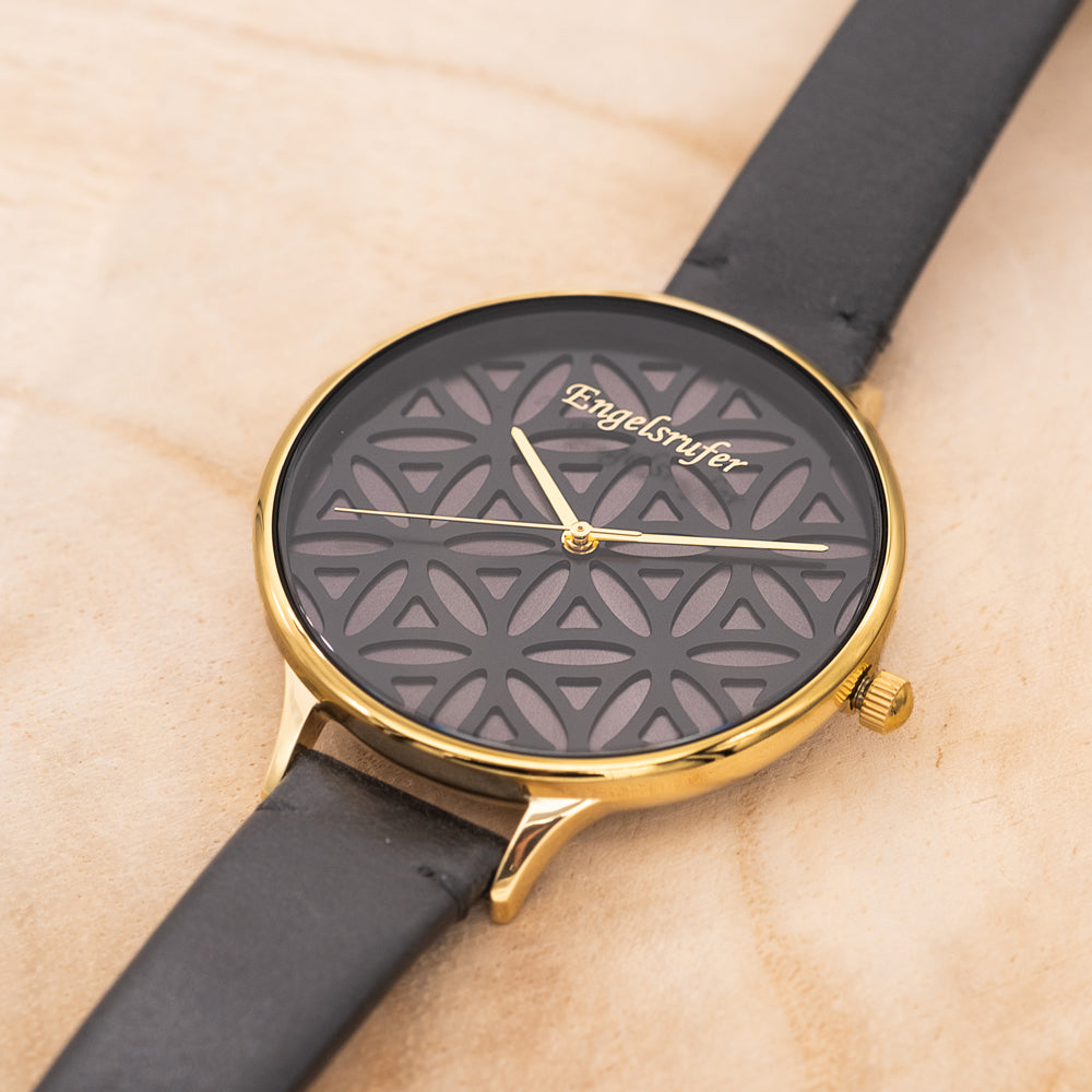 Uhr Edelstahl Lebensblume Gold mit Lederband Schwarz