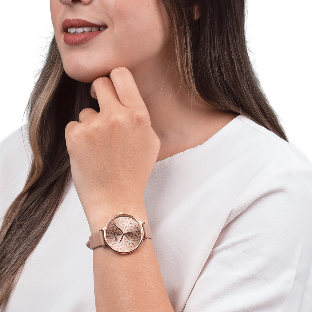 Uhr Edelstahl Lebensblume Rosegold mit Nubuk Lederband Hellbraun