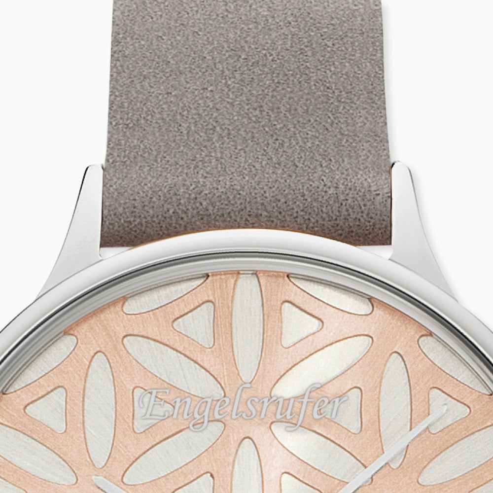 Uhr Edelstahl Lebensblume Bicolor mit Nubuk Lederband Grau