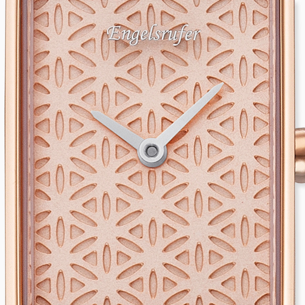 Uhr Edelstahl Lebensblume Rosé mit Nubuk Lederband Grau