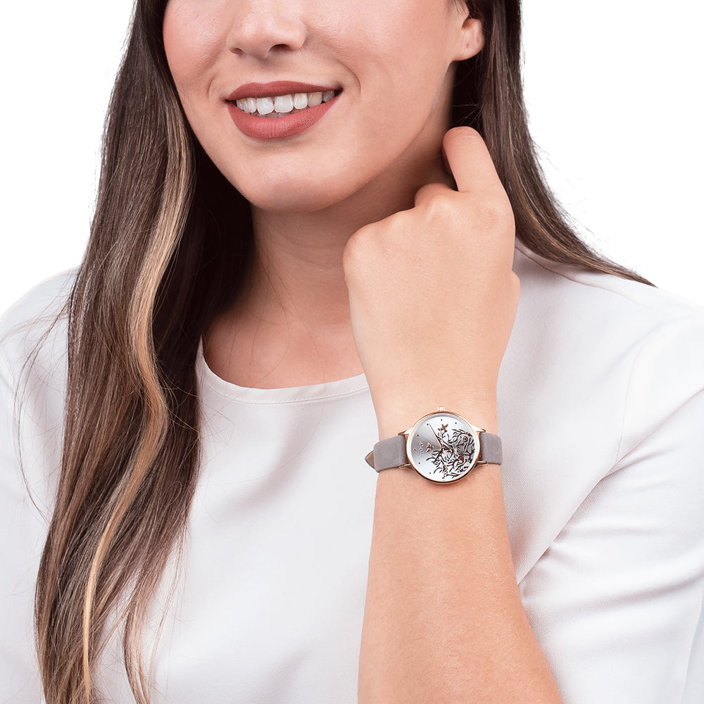 Uhr Edelstahl Lebensbaum Tricolor mit Lederband Grau