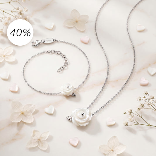 2er Schmuckset 925er Silber – Halskette & Armband Rose Perlmutt Weiß