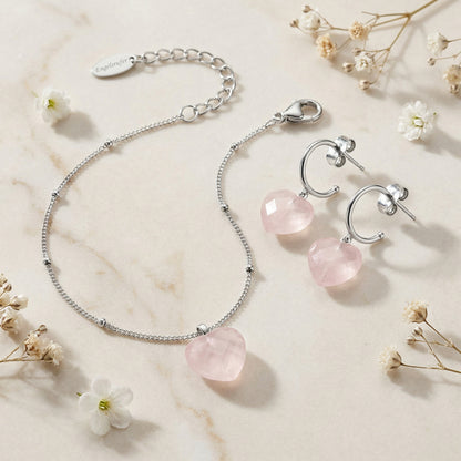 2er Schmuckset 925er Silber Armband Creolen Rosenquarz Herz