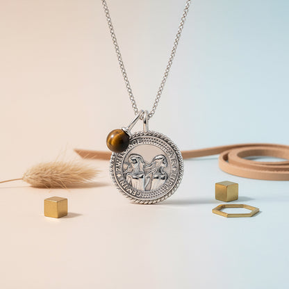 Halskette 925er Silber Zwillinge mit Kraftstein Tigerauge und Zirkonia