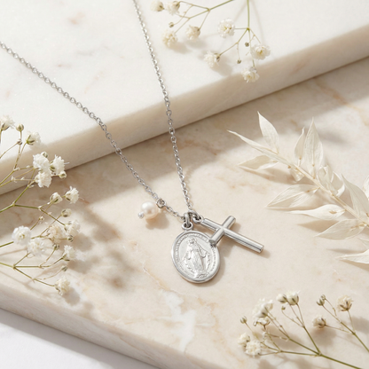 Halskette 925er Silber Kreuz Maria mit Perle