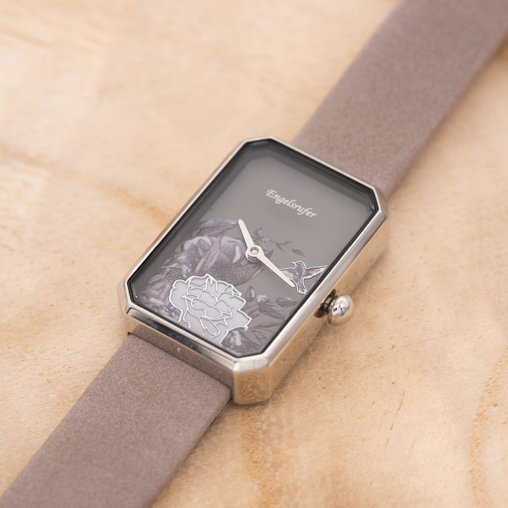 Uhr Edelstahl Blume mit Nubuk Lederband Grau