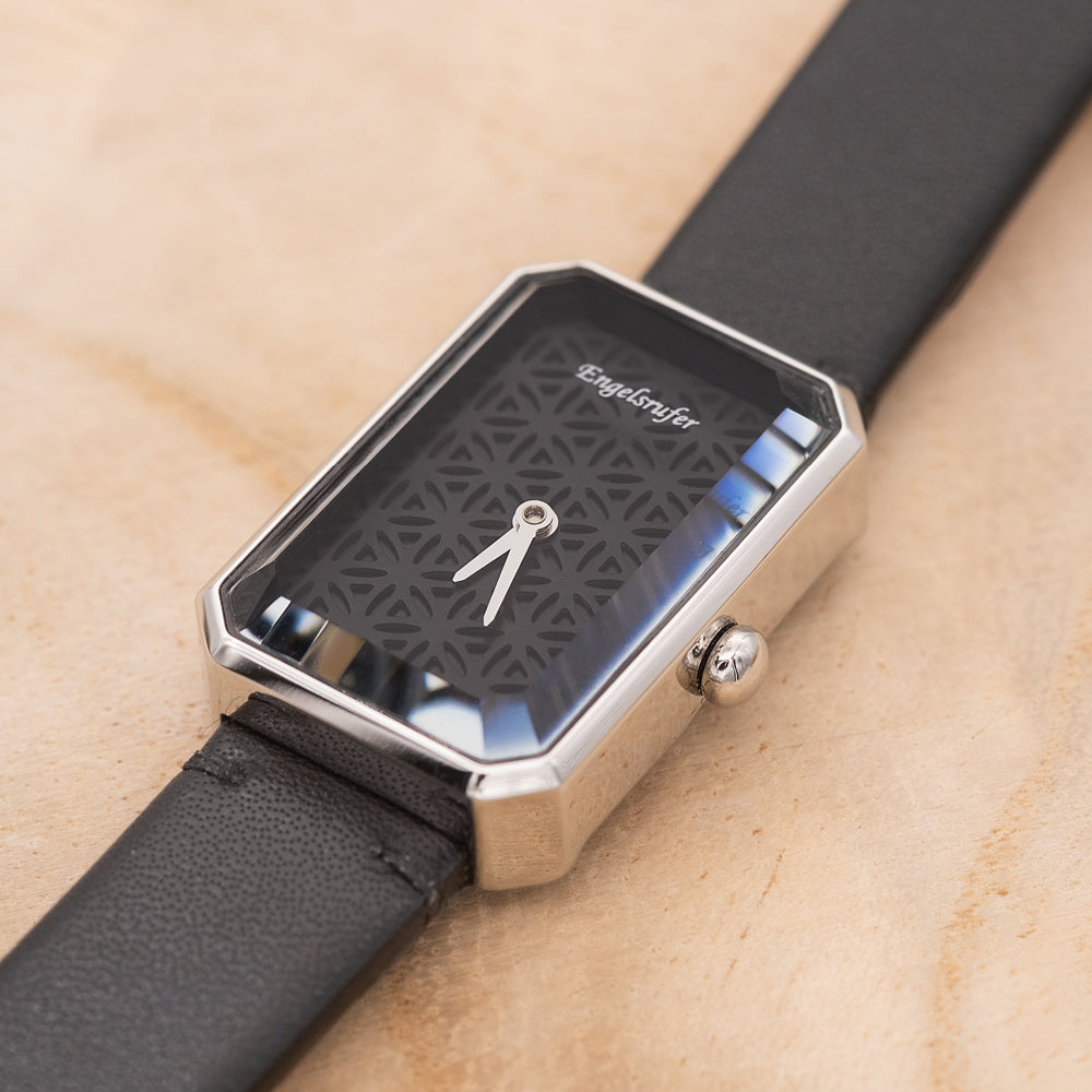 Uhr Edelstahl Lebensblume mit Lederband Schwarz