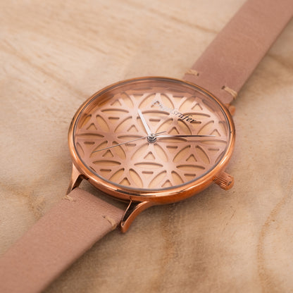 Uhr Edelstahl Lebensblume Rosegold mit Nubuk Lederband Hellbraun