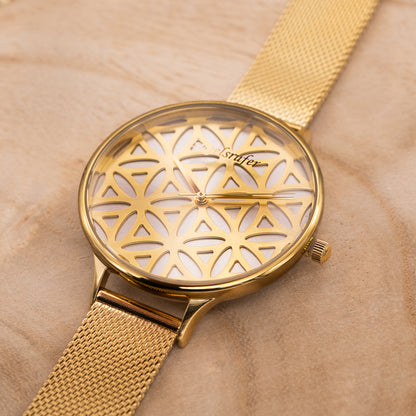 Uhr Edelstahl Lebensblume mit Edelstahl Mesh-Band Gold