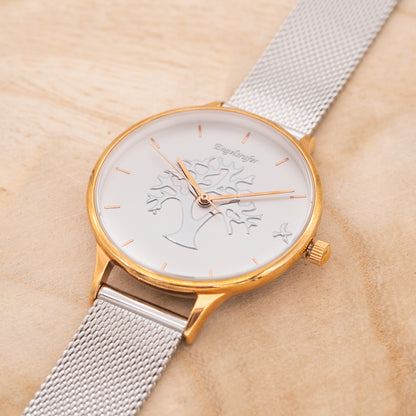 Uhr Edelstahl Lebensbaum Bicolor mit Edelstahl Mesh-Band