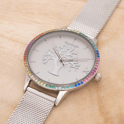 Uhr Edelstahl Lebensbaum mit Zirkonia Multicolor und Edelstahl Mesh-Band