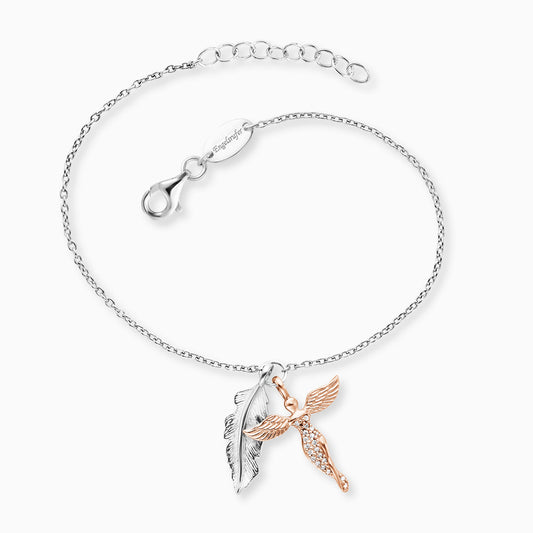 Engelsrufer women's silver bracelet with feather pendant and rose gold guardian angel