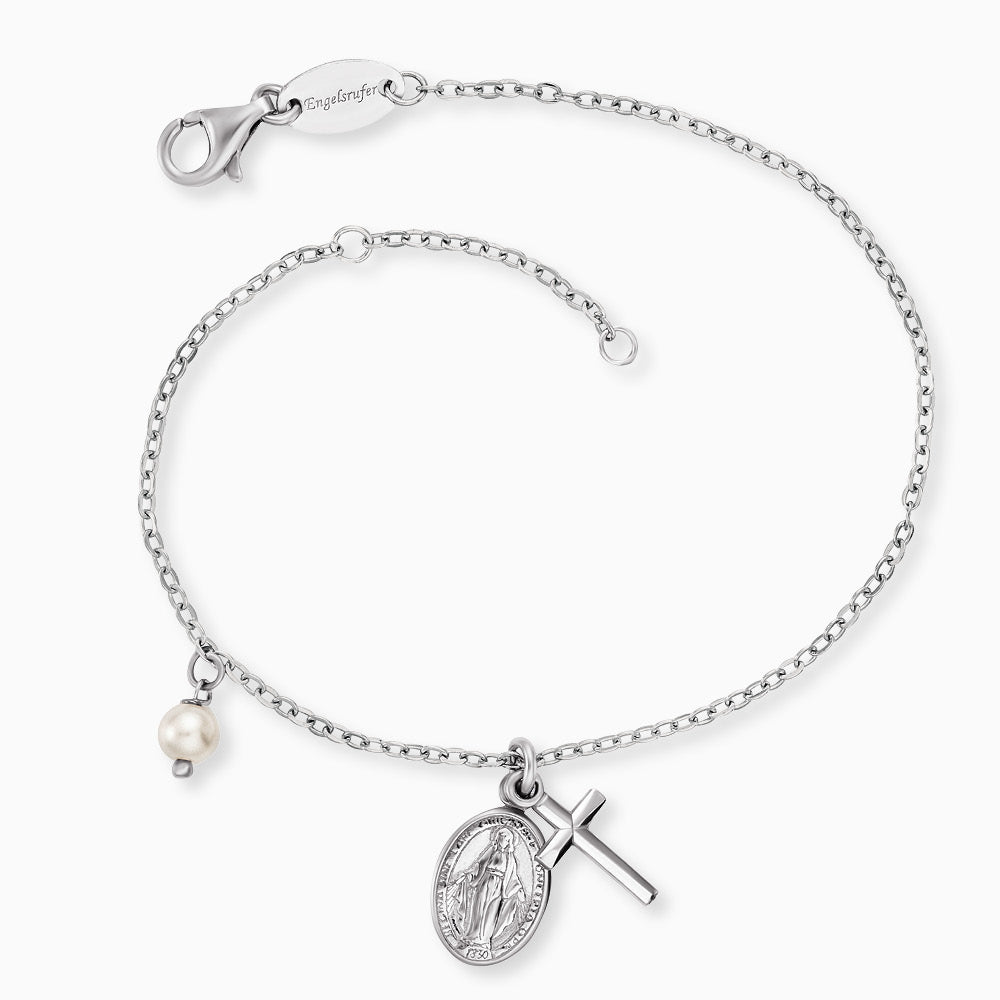 Engelsrufer silber Armband mit Symbol Anhänger Kreuz, Maria und Perlen