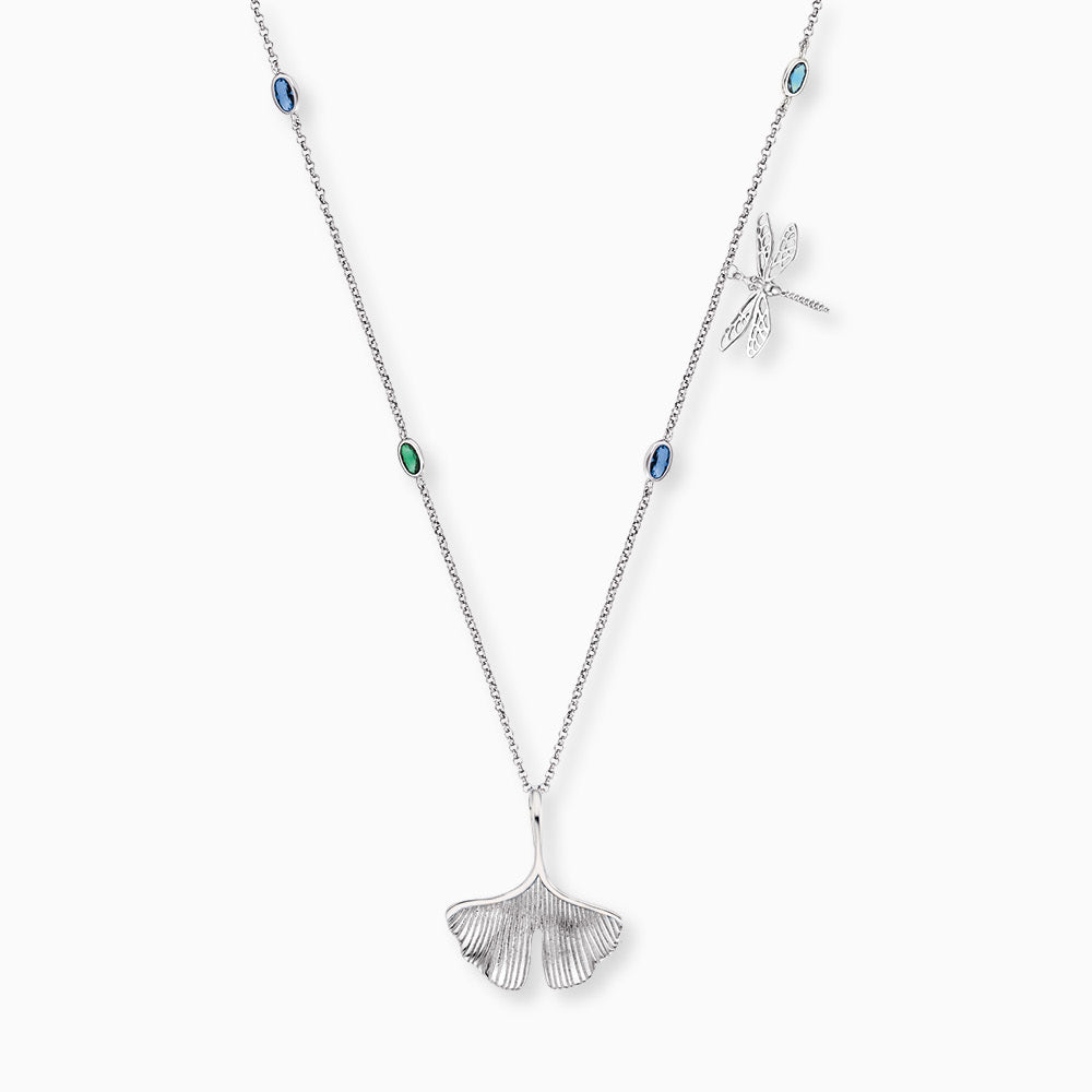 Engelsrufer women's silver necklace 45+5 cm with colored zirconia, ginkgo and dragonfly pendant