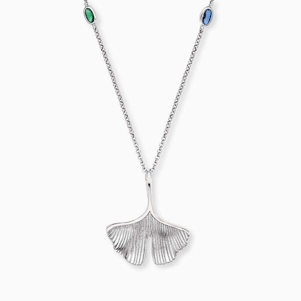 Engelsrufer women's silver necklace 45+5 cm with colored zirconia, ginkgo and dragonfly pendant