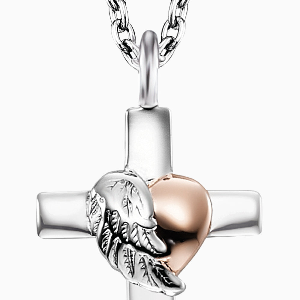 Engelsrufer women's silver necklace with pendant cross with heart wings bicolor