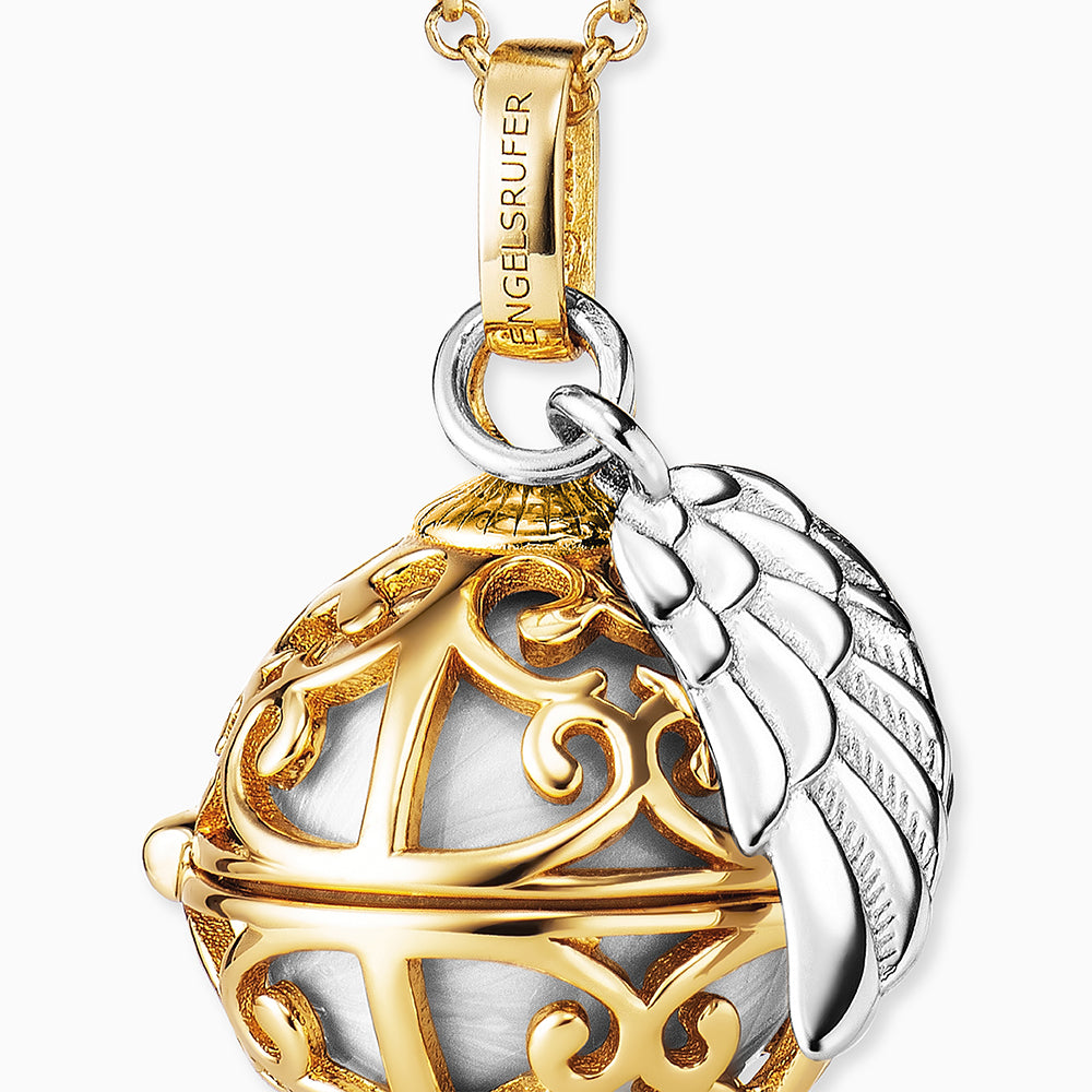 Engelsrufer women's necklace gold with wing pendant and Chime in mother-of-pearl white in 45 + 5 cm
