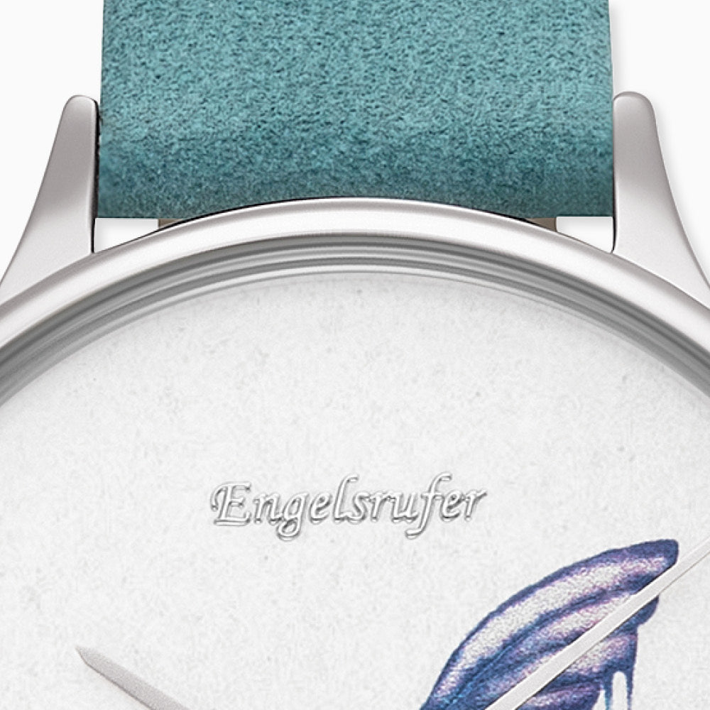 Engelsrufer women's watch silver with colorful Colibri and turquoise nubuck leather strap