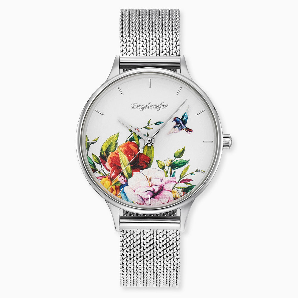 Engelsrufer Uhr silber Blume mit Meshband silber (wechselbar)