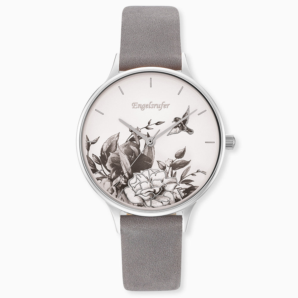 Engelsrufer Damen-Uhr analog Blume silber mit Nubuk Lederband grau