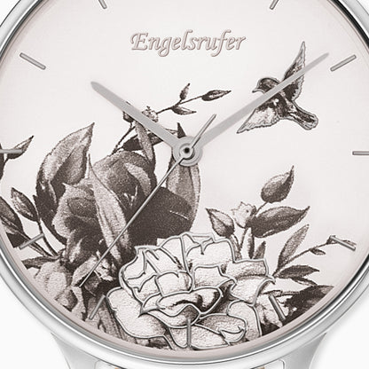 Engelsrufer Damen-Uhr analog Blume silber mit Nubuk Lederband grau