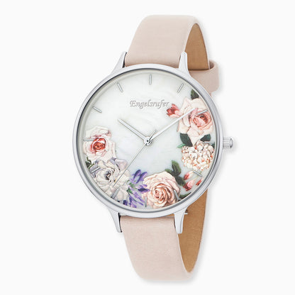 Engelsrufer Damen-Uhr analog Blume silber mit Lederband in beige