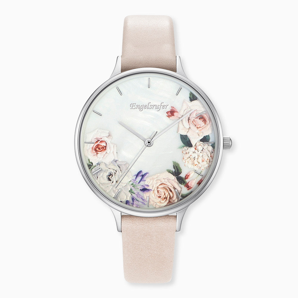 Engelsrufer women's watch analogue flower silver with leather strap in beige