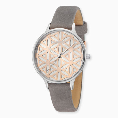 Engelsrufer women's watch silver flower of life with gray nubuck leather strap