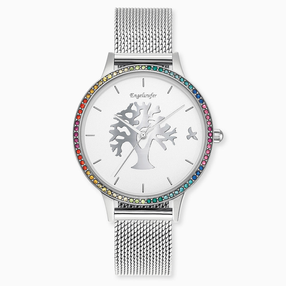 Engelsrufer watch tree of life silver with multicolored zirconia stones and silver mesh strap