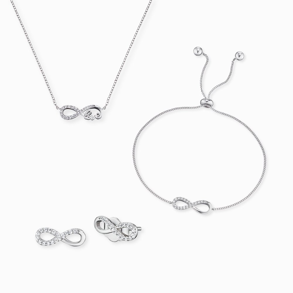 Engelsrufer Ohrstecker, Armband und Halskette für Damen: Silber mit Infinity-Symbol, Love-Schriftzug und funkelnden Zirkoniasteinen